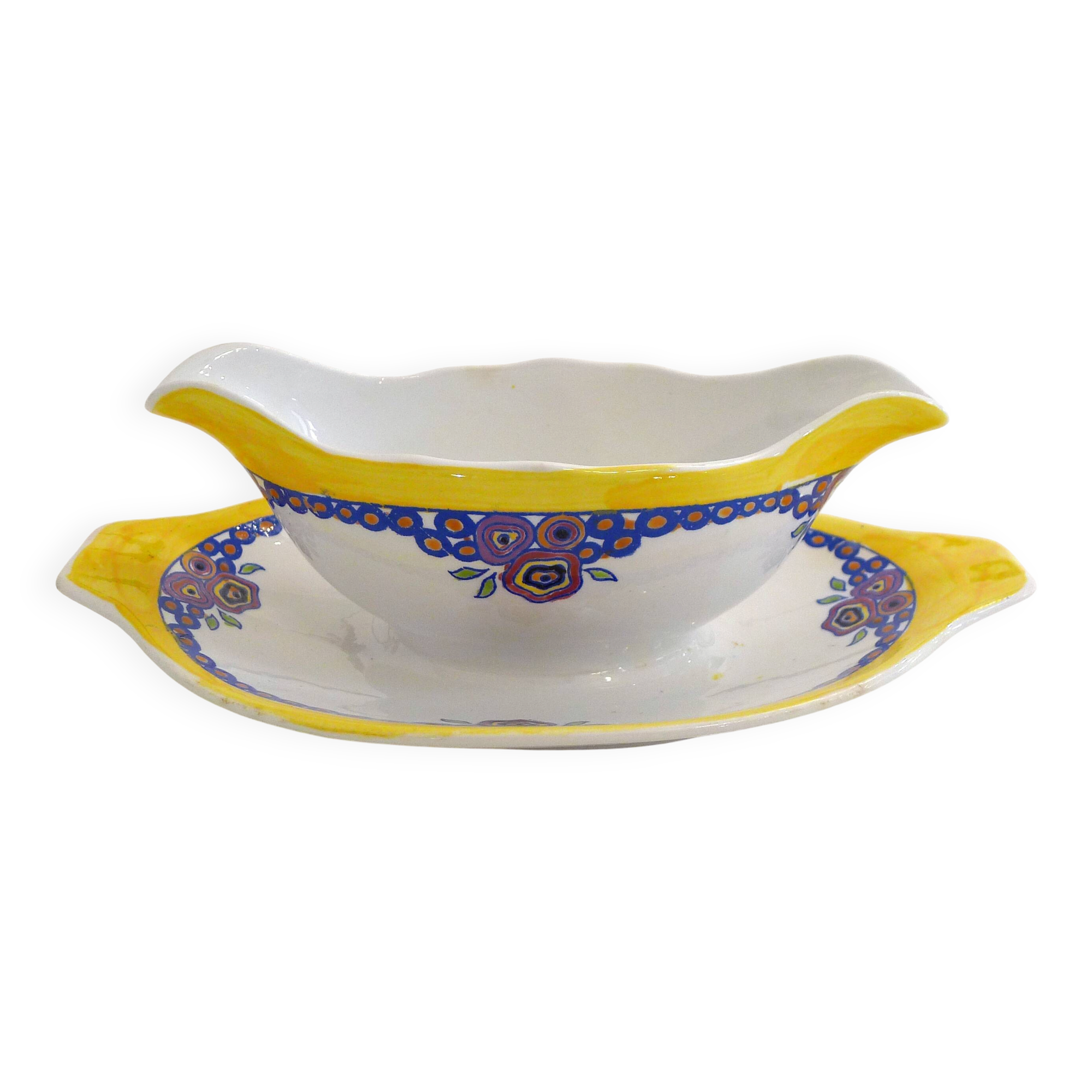 Saucière Art Déco, décor stylisé coloré, faïence Boch la Louvière