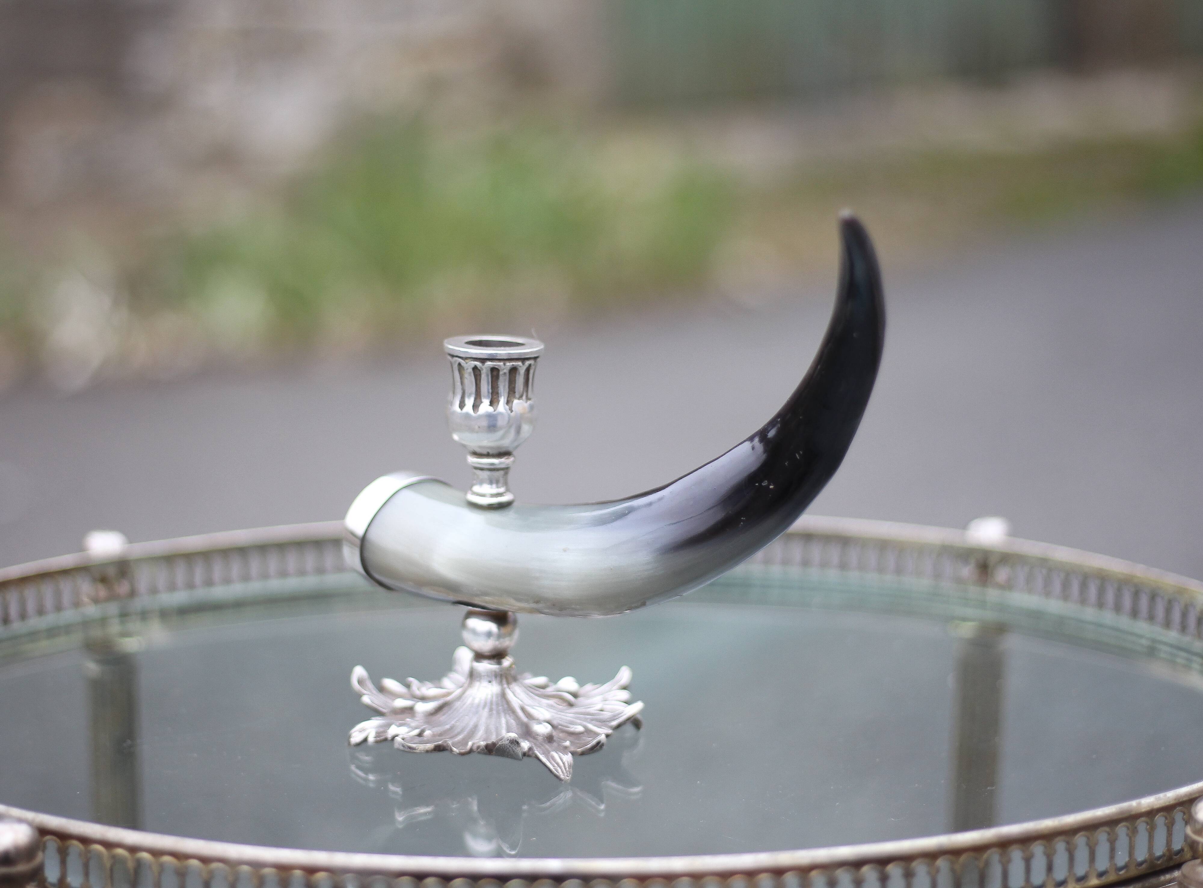 Bougeoir signé Alice Joly, bougeoir corne et métal argenté, porte-bougie, décoration intérieur