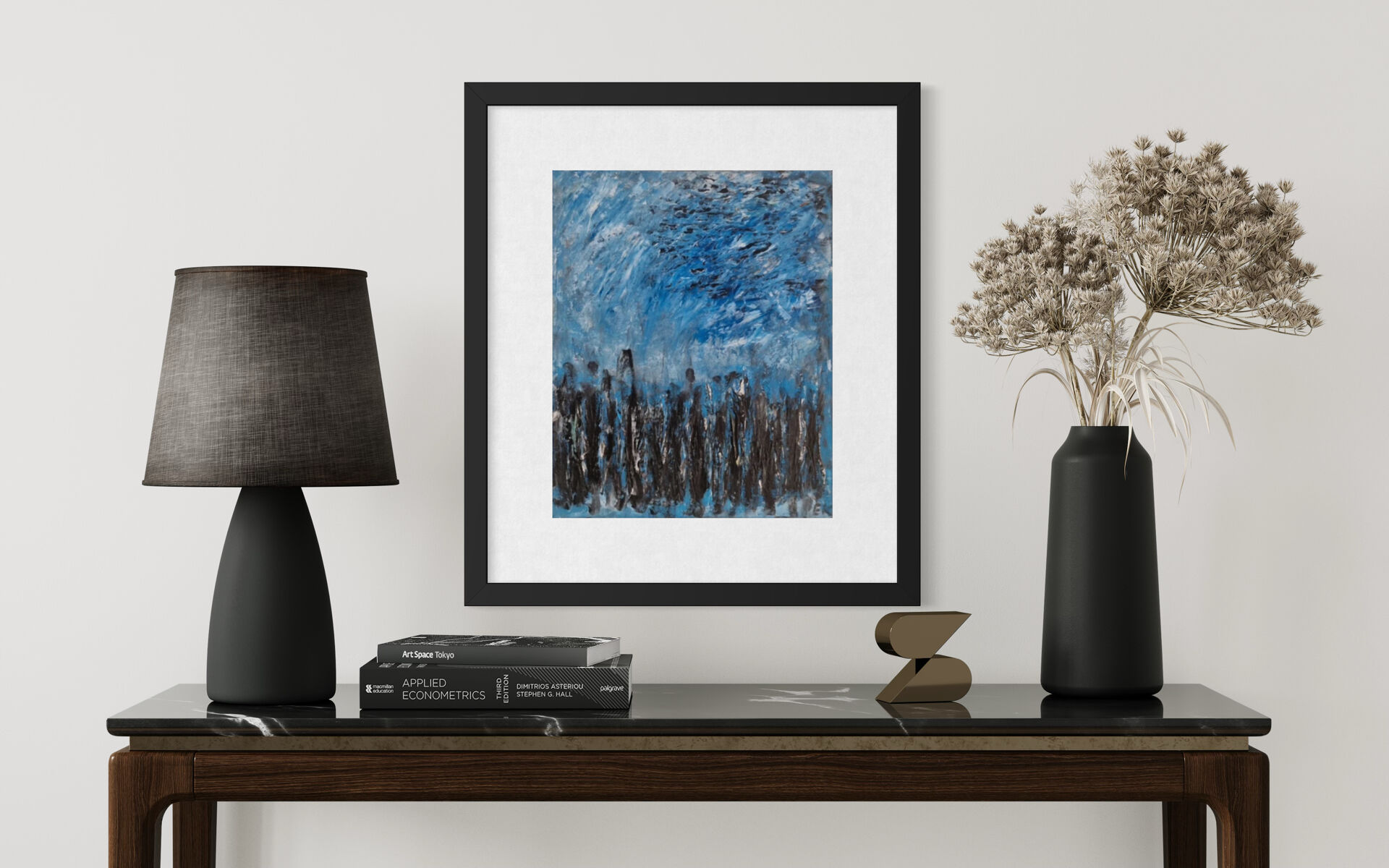 Abstract table in blue, black, and white, 41x33 cm, signed painting.