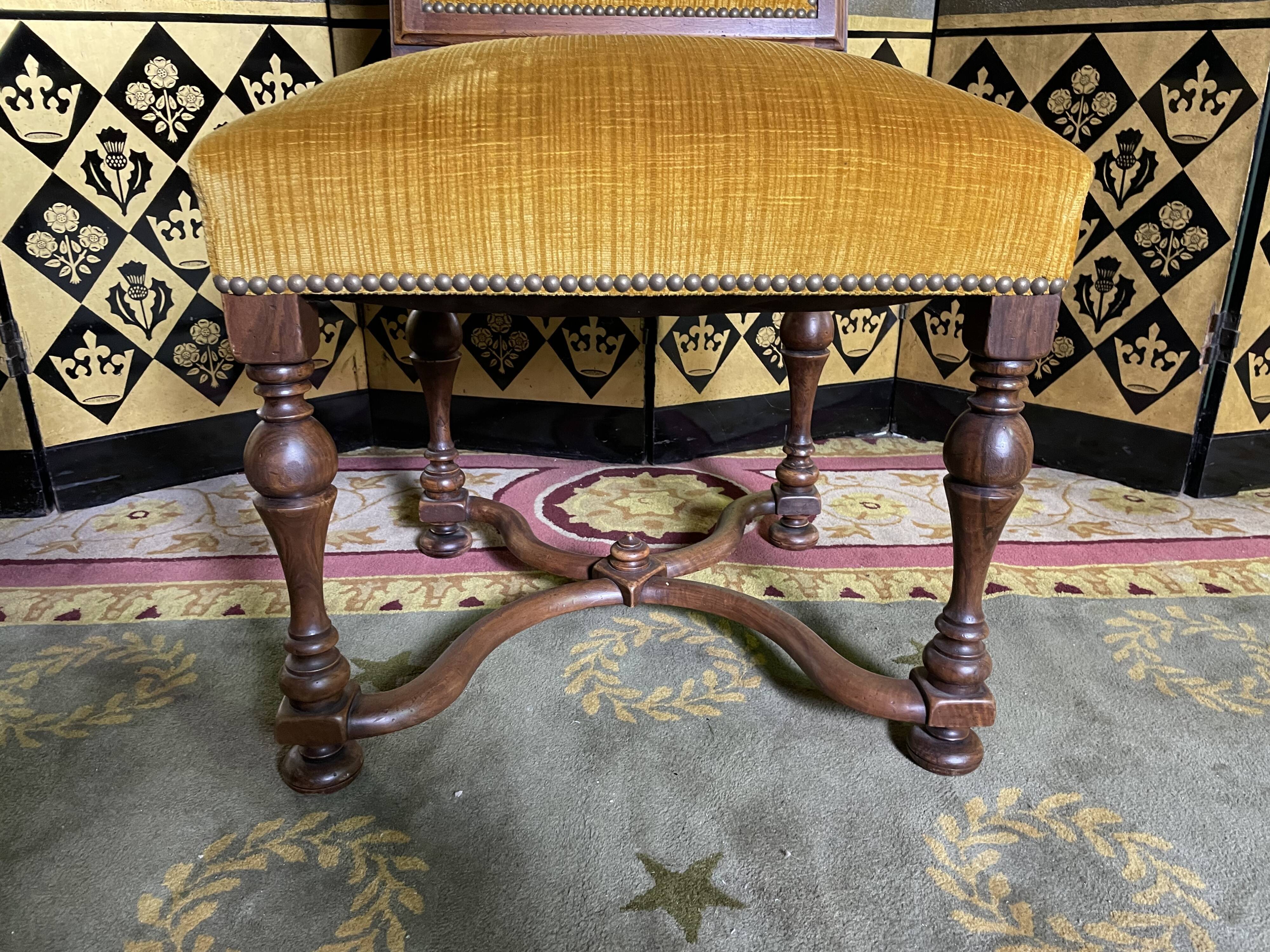 Suite of 6 chairs walnut and yellow velvet louis XIV style