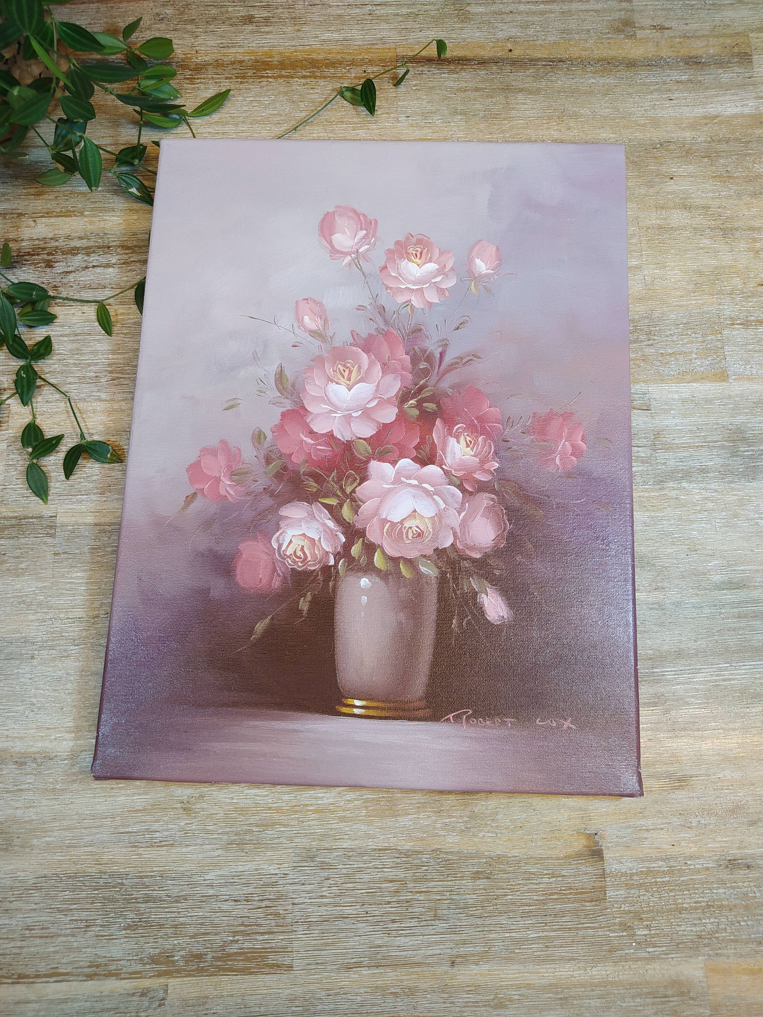 Still life painting bouquet of pink flowers signed Robert Cox