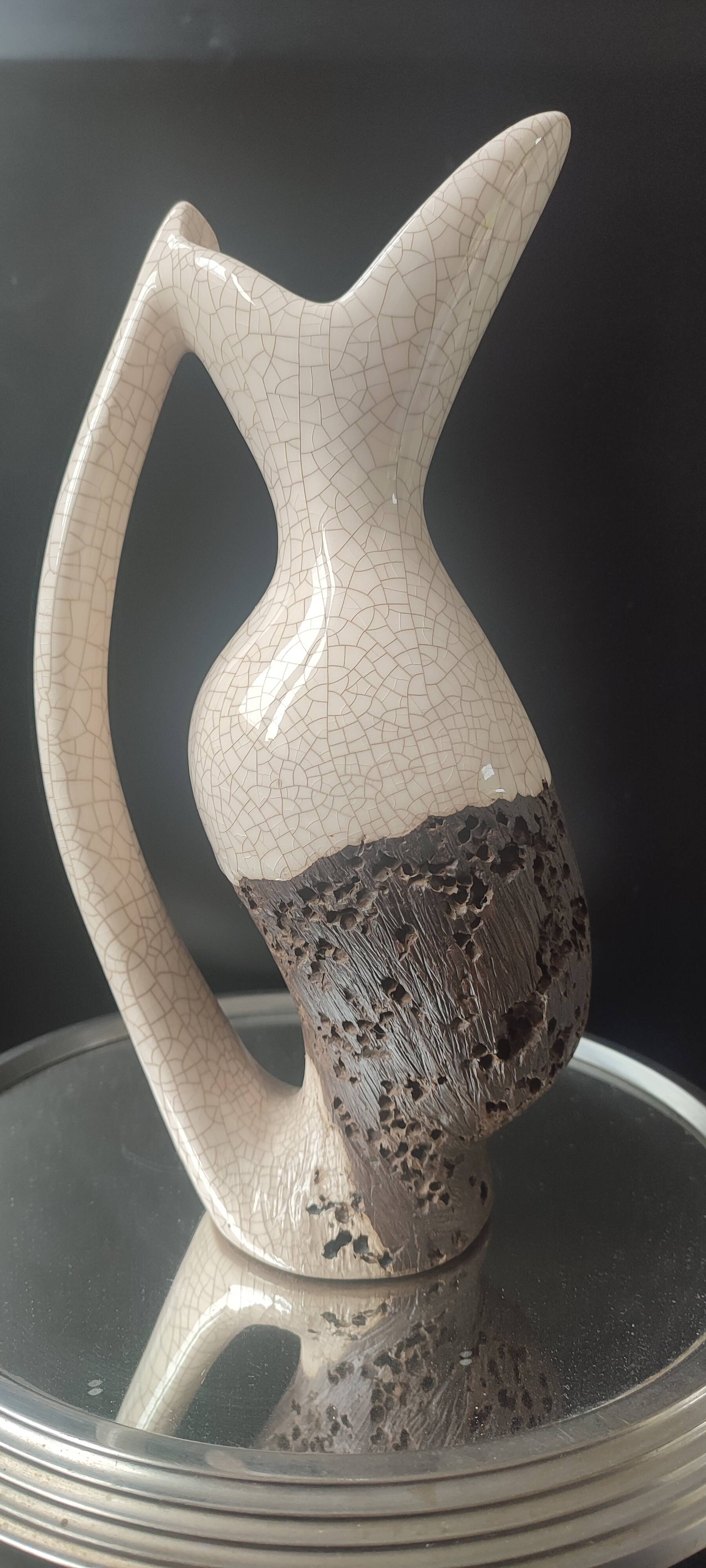 Vase Pichet "Forme Libre" Raku et Bois vermoulu (1960/70)