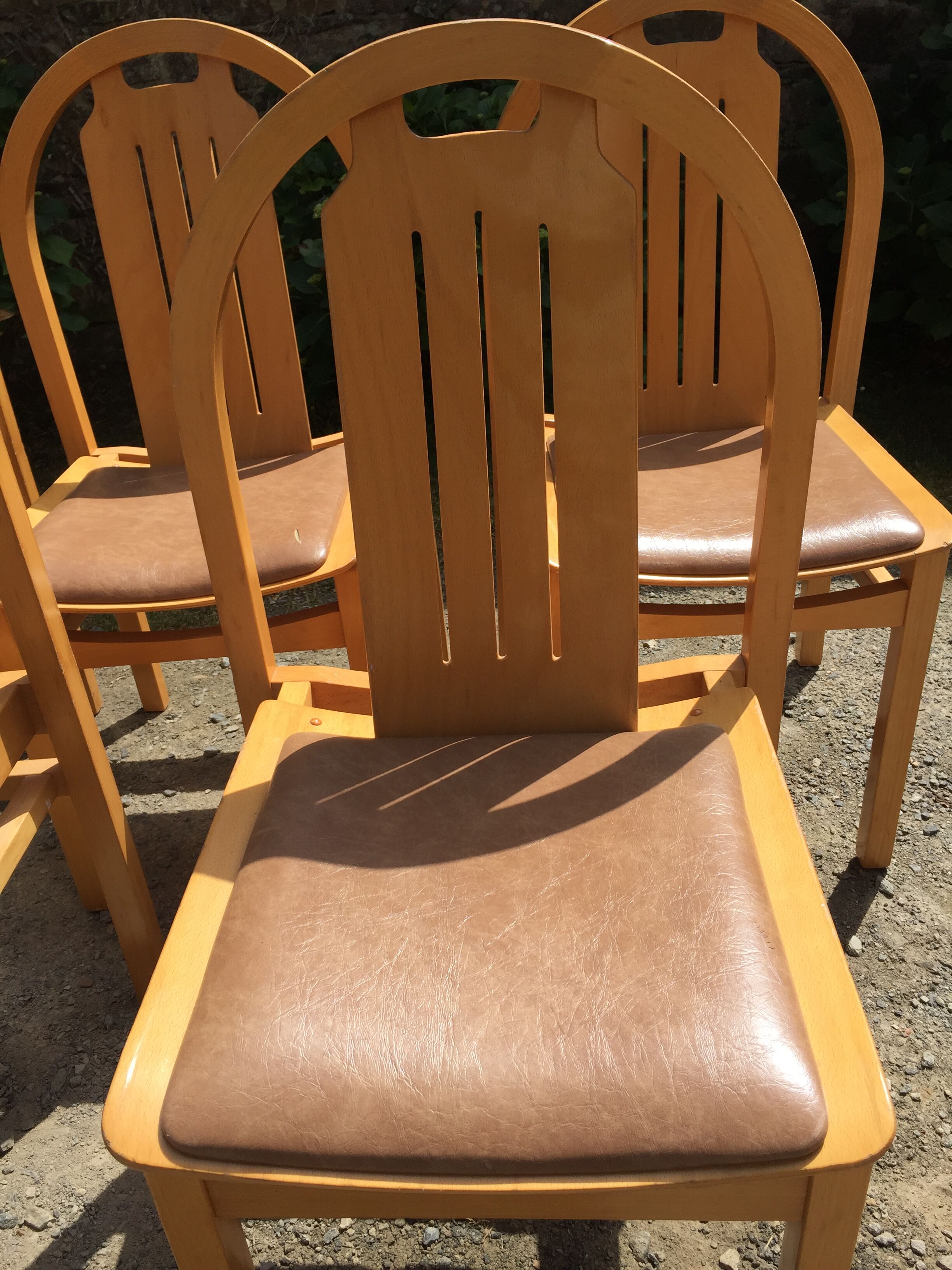 Vintage Baumann chairs in beech, seats in beige brown Skaï, series of 6.