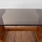 Pine coffee table with smoked glass top.