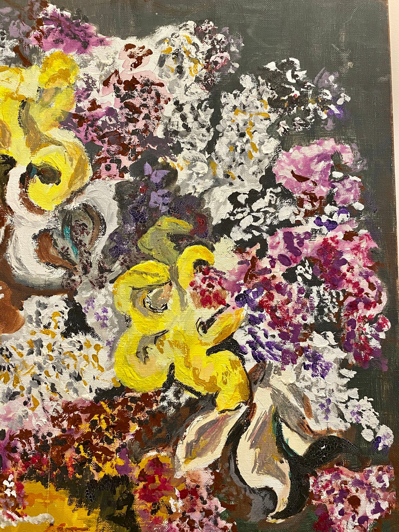 Ancient painting, still life with lilas and iris signed Bonnefond 70s