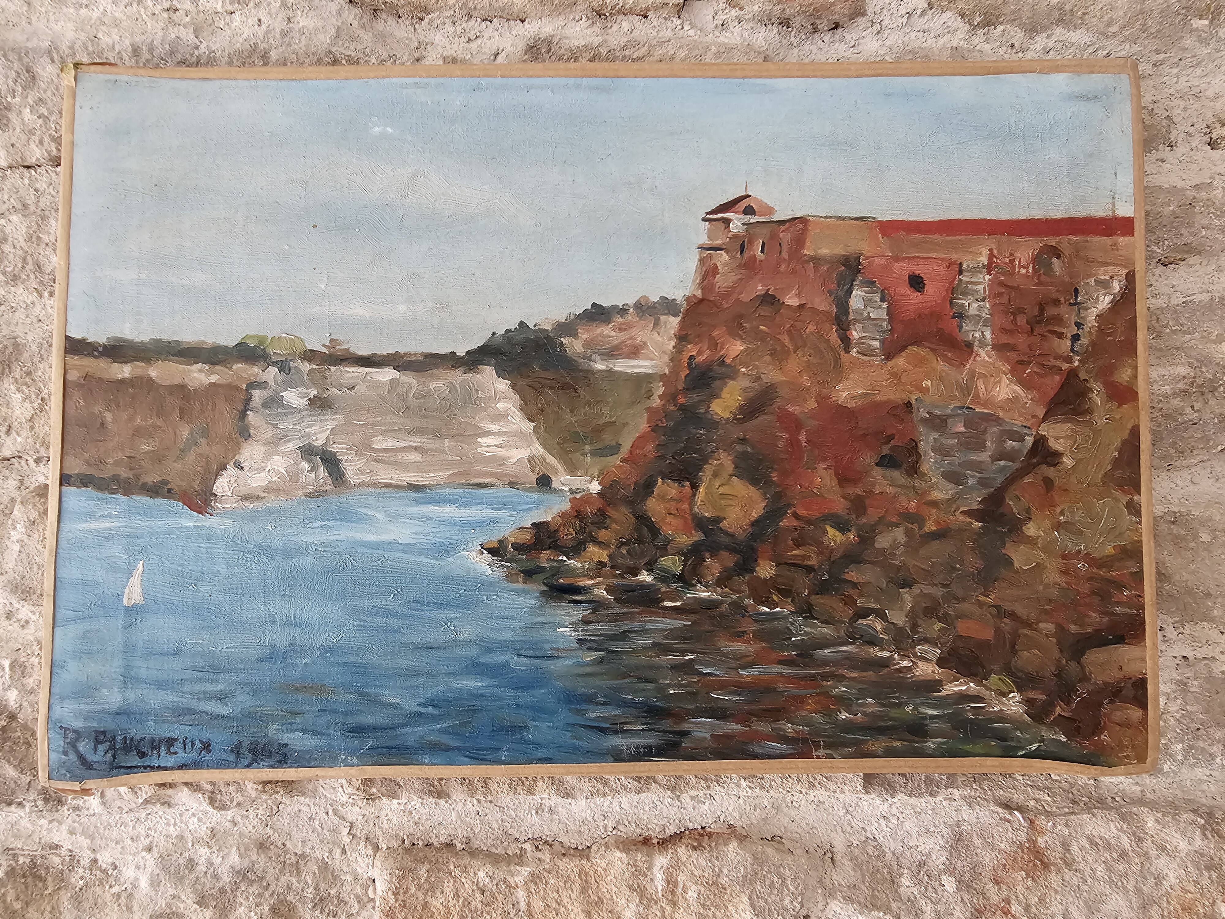Set of 2 Oil Paintings on Canvas Marine Cliffs Signed R Faucheux 19