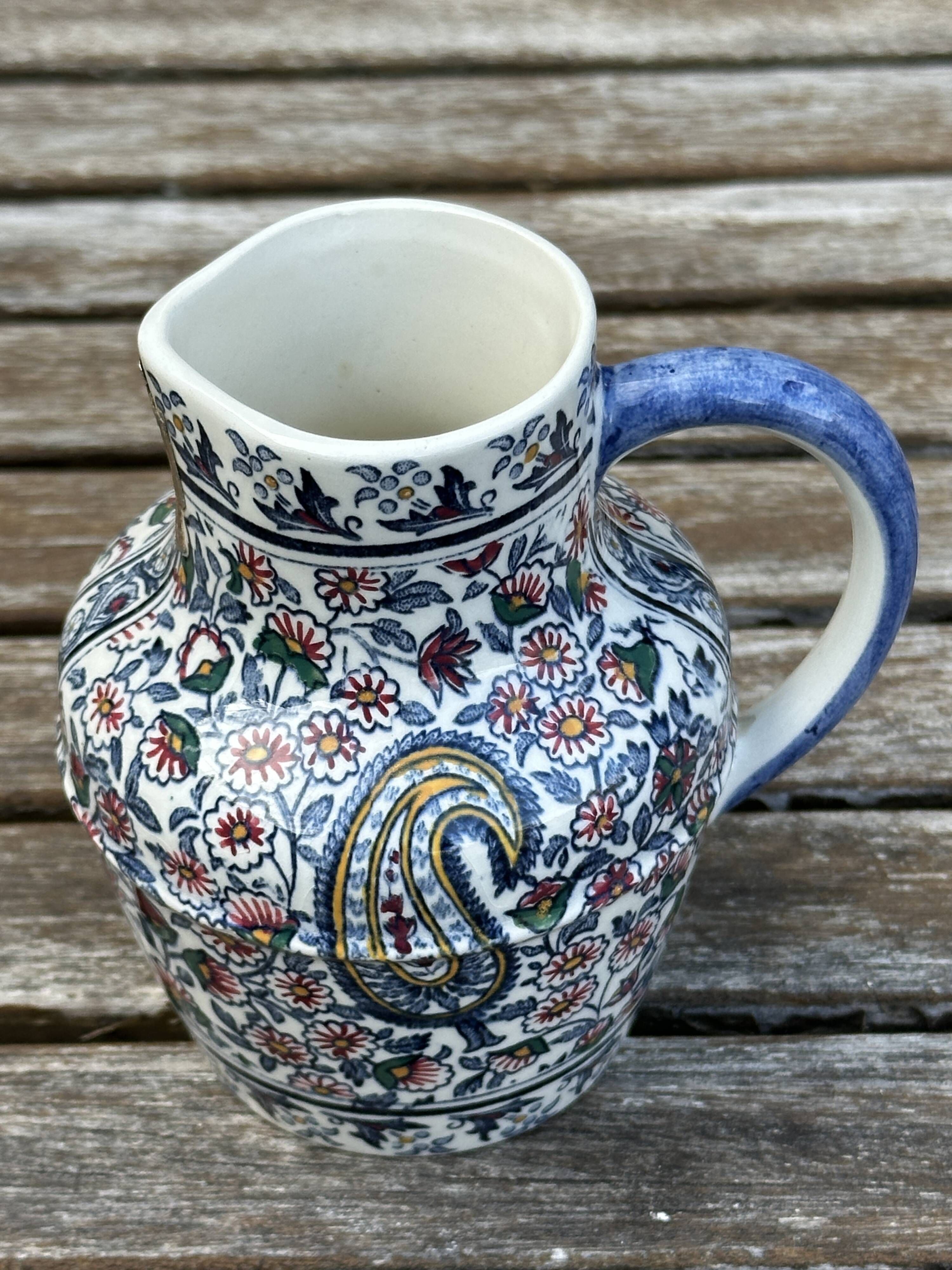 Antique pitcher / milk jug / vase in Gien earthenware with a Kashmir pattern.
