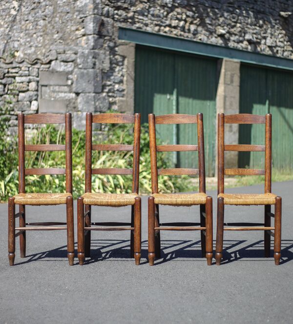 Lot de 4 chaises bois et paille, chaise bois, chaise paillée, campagne, chalet