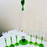 Liqueur set, blown glass, signed Portieux, 1 carafe & 6 stemmed glasses