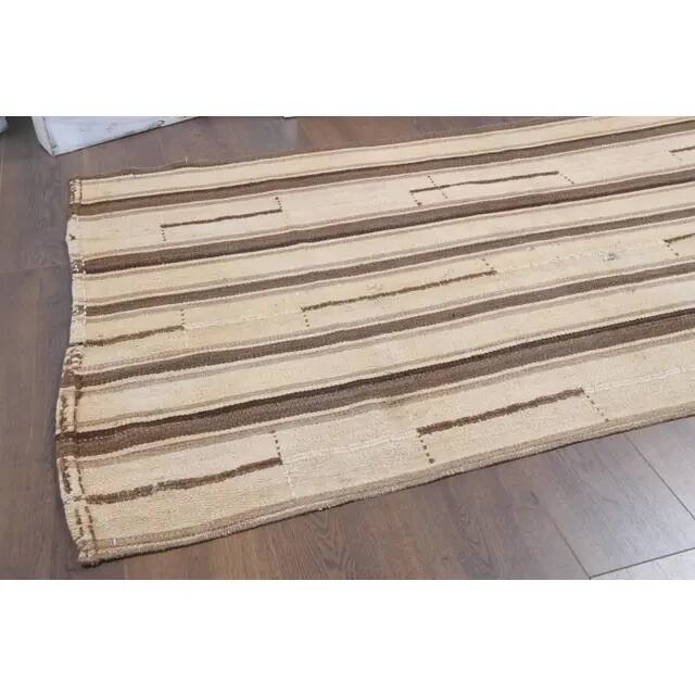 Vintage Turkish Hand-Knotted Wool Cotton Brown Kilim Runner Rug 110x213