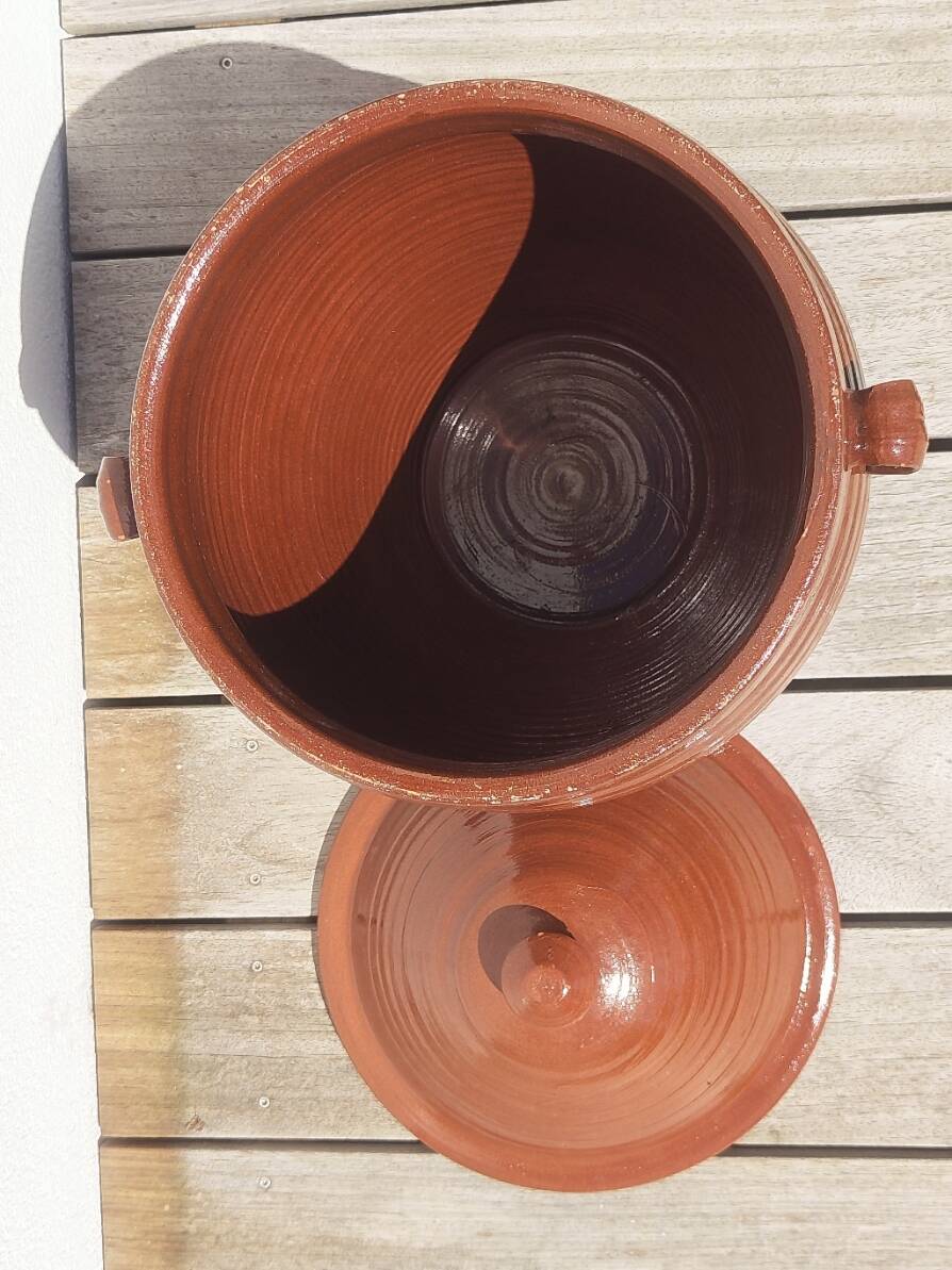 Large vintage glazed terracotta jar, cognac, with lid 🏺