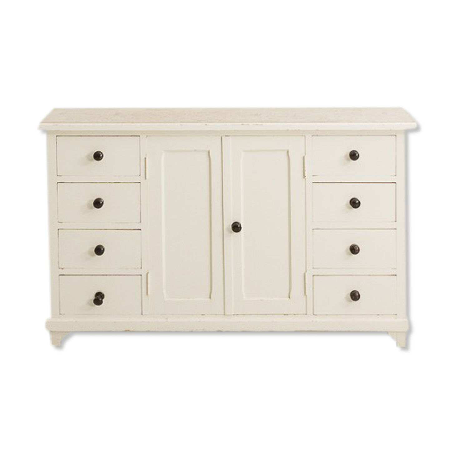 Small accent cabinet with drawers and swing doors