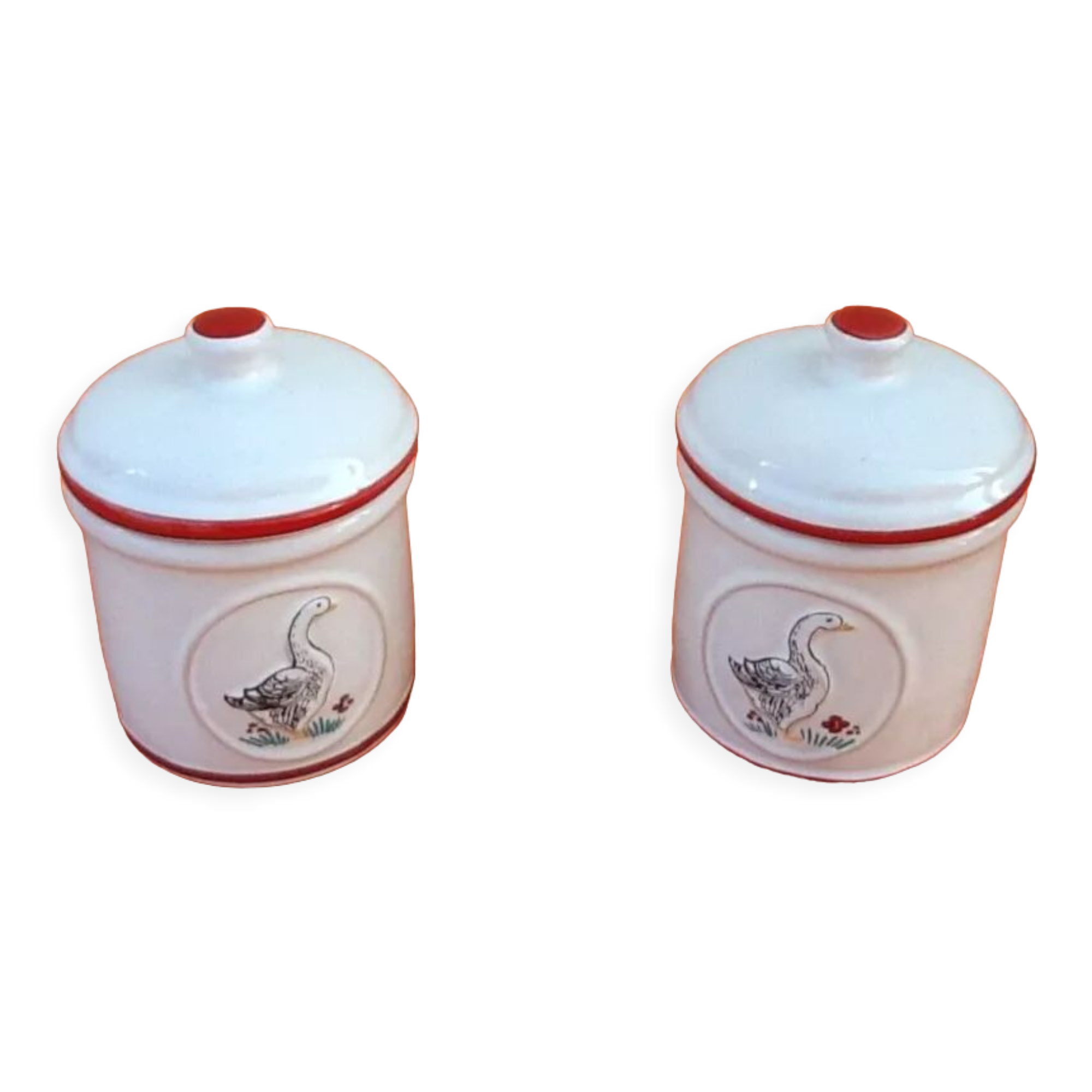 Pair of jars with foie gras lids cylindrical shape ceramic