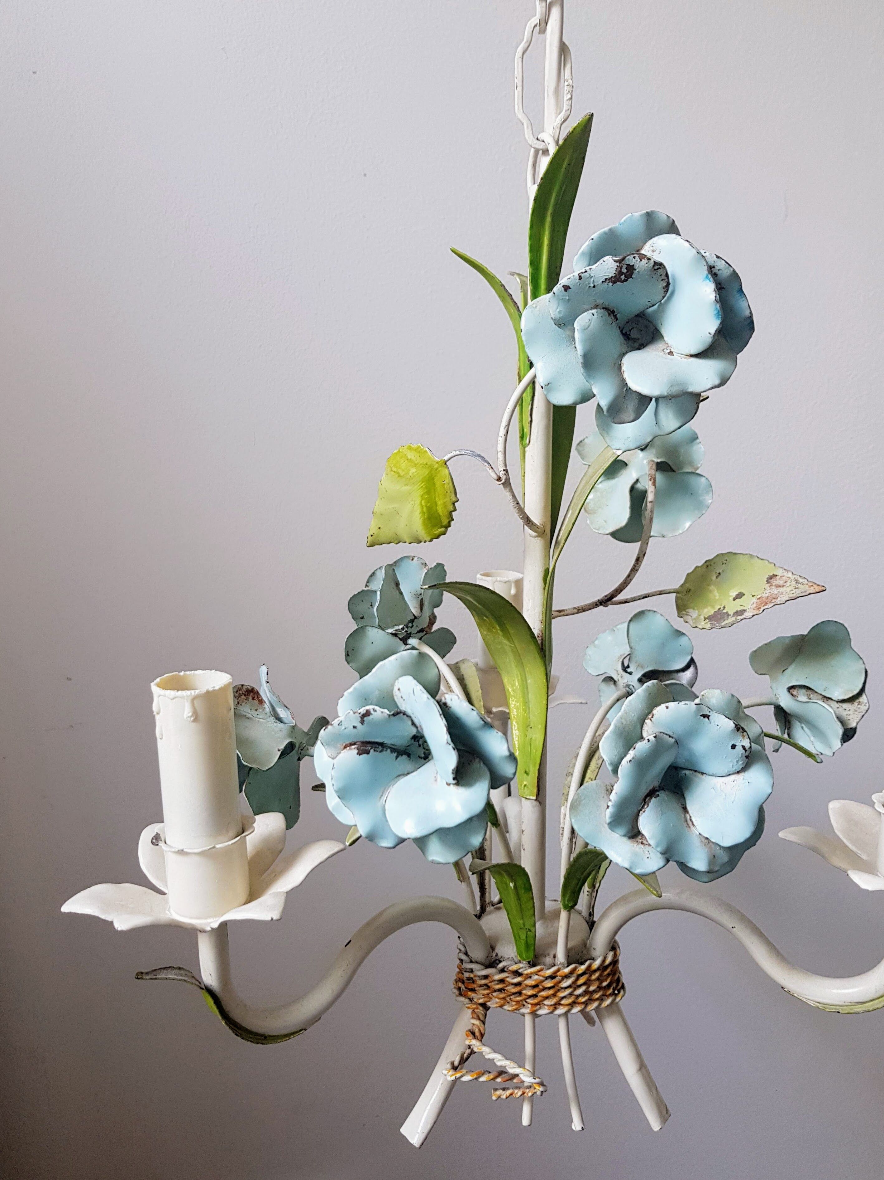 Vintage tole chandelier with light blue roses 1960s