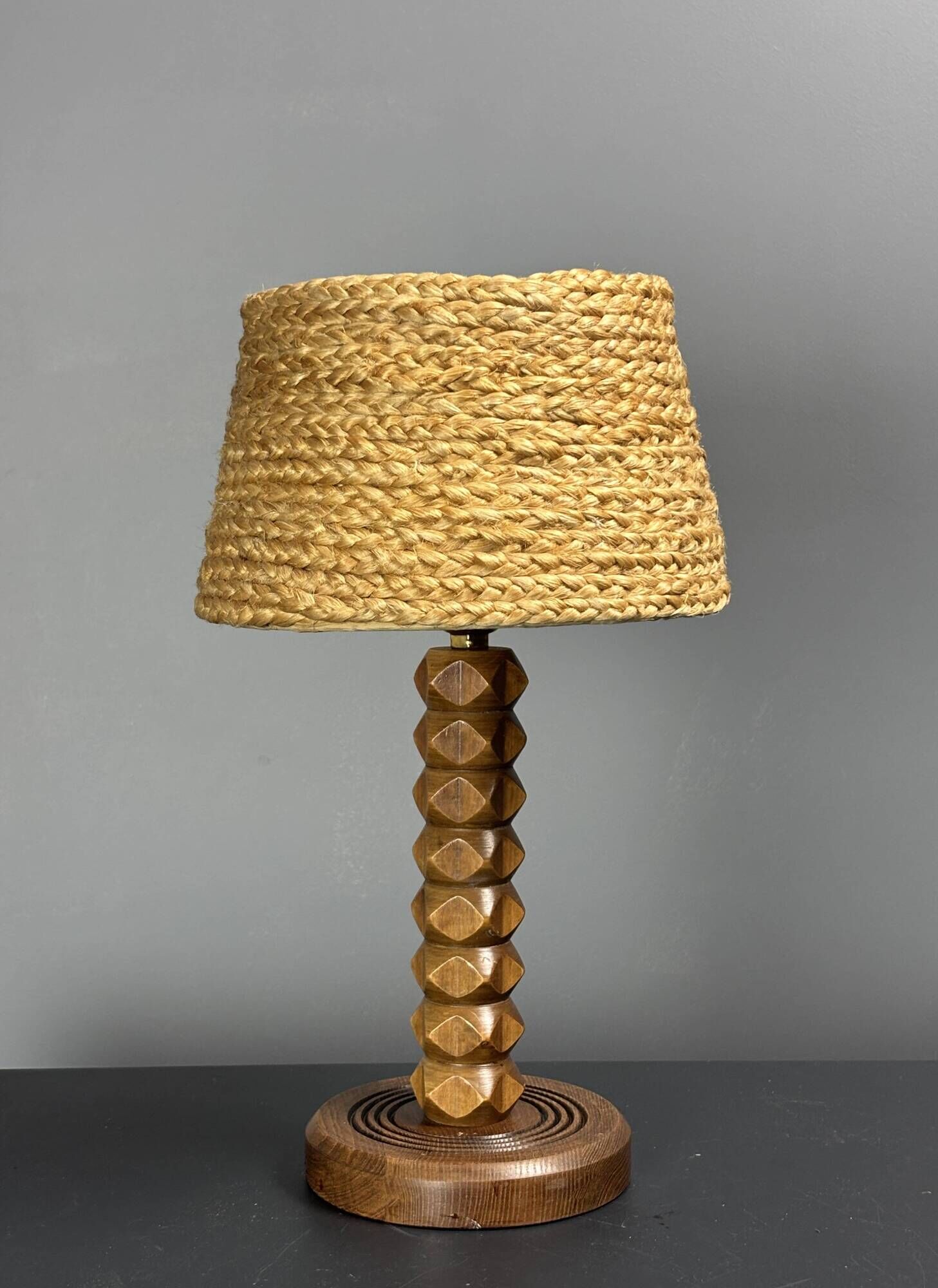 Mid-Century modern brutalist wood turned table lamp Charles Dudouyt style