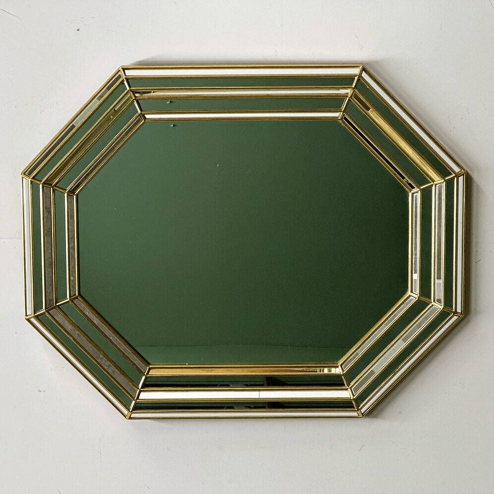 Large octagonal Deknudt wall mirror in layered mirrored glass and gold accents