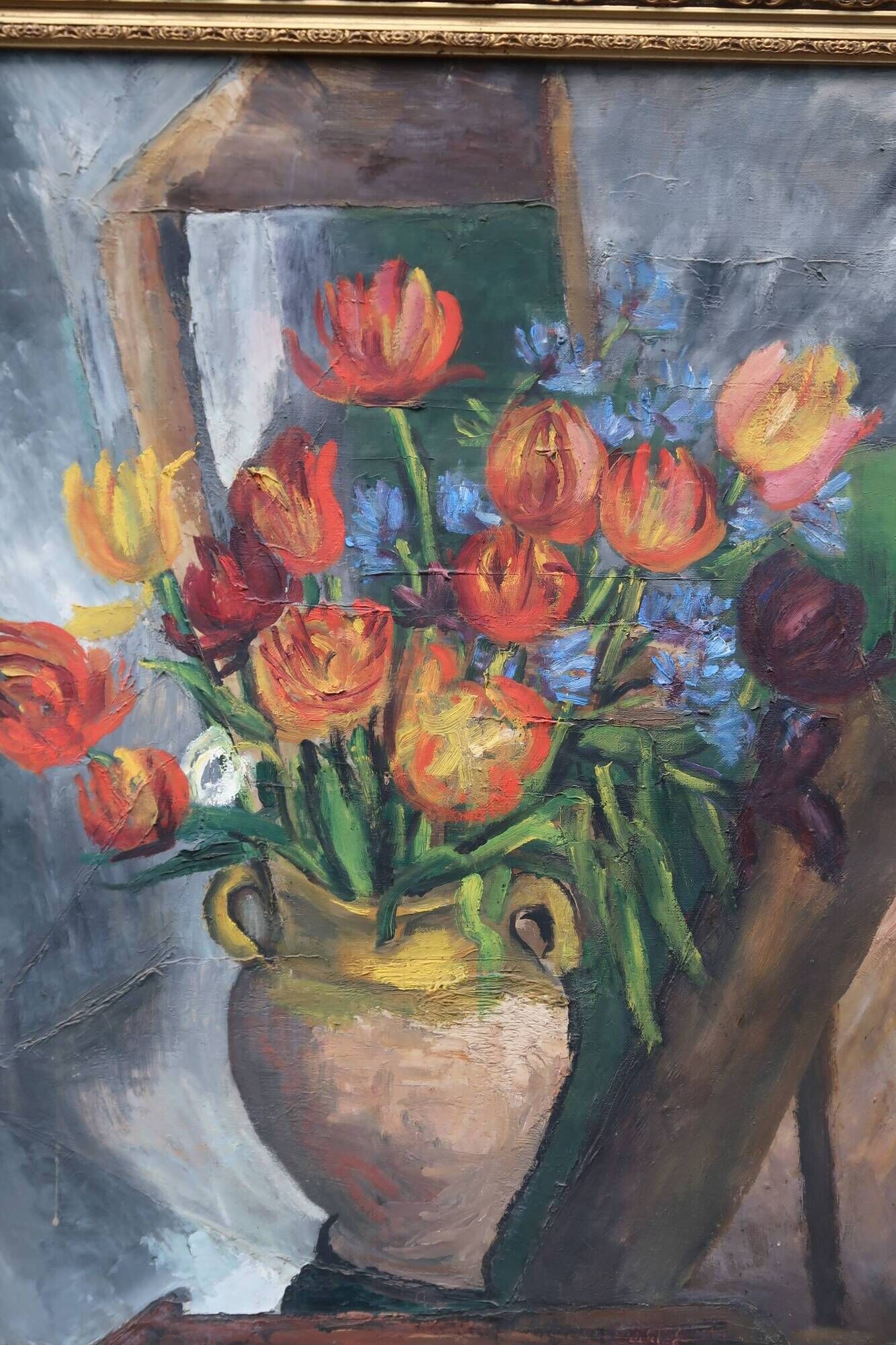 Large old oil painting, Still Life with Tulips, Gilded frame