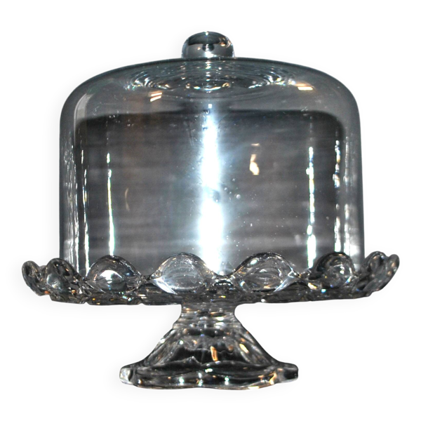 Cloche à fromage ancienne sur présentoir en cristal moulé diamant 1920 marqué déposé