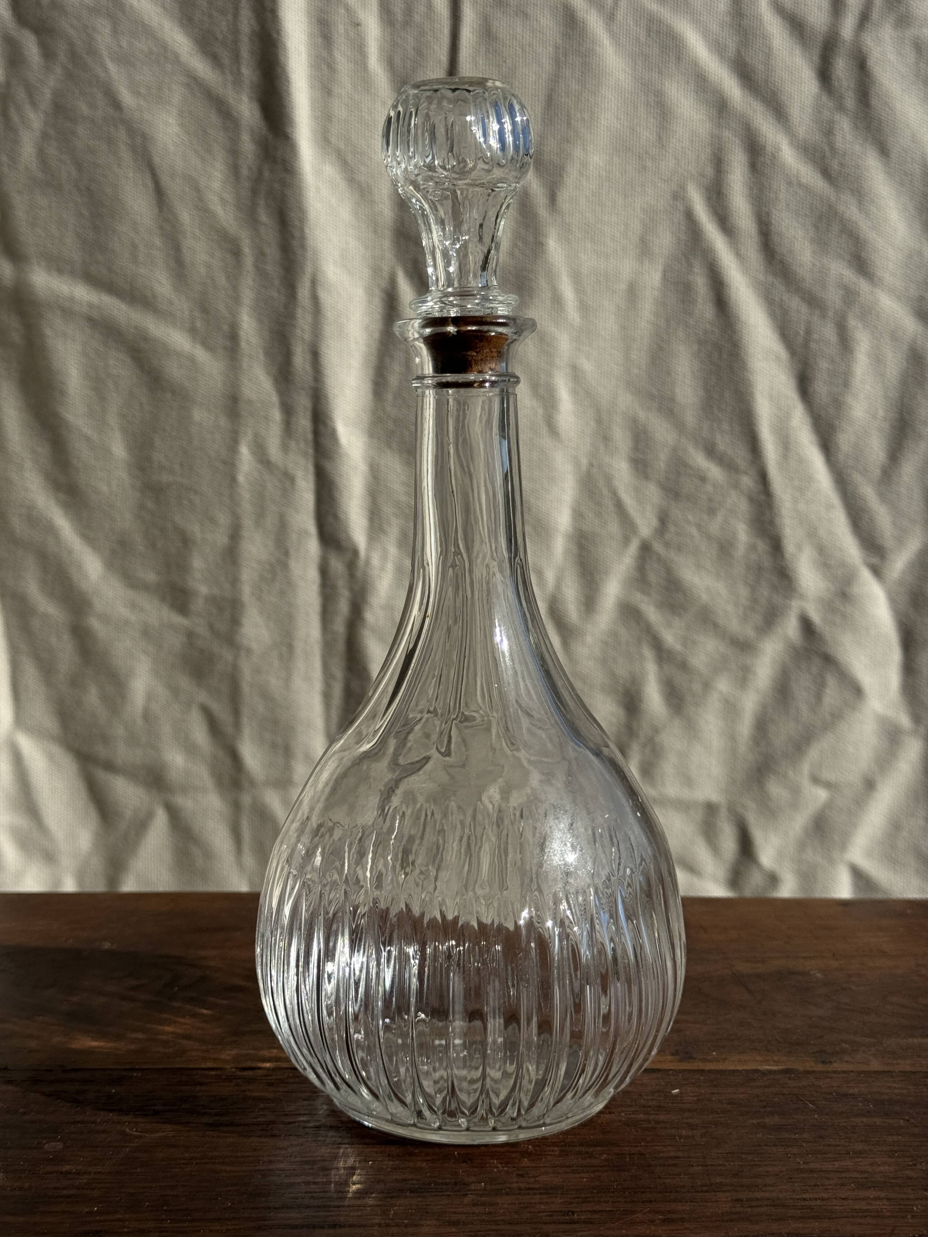 Vintage round-shaped glass carafe with cork stopper H27