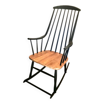 Rocking chair vintage en hêtre teinté noir