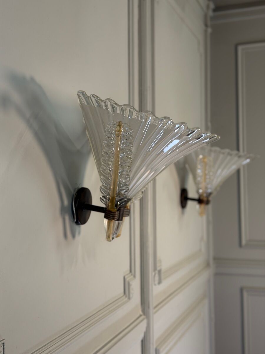Pair of Venetian wall lights in Murano glass by Seguso, circa 1930.
