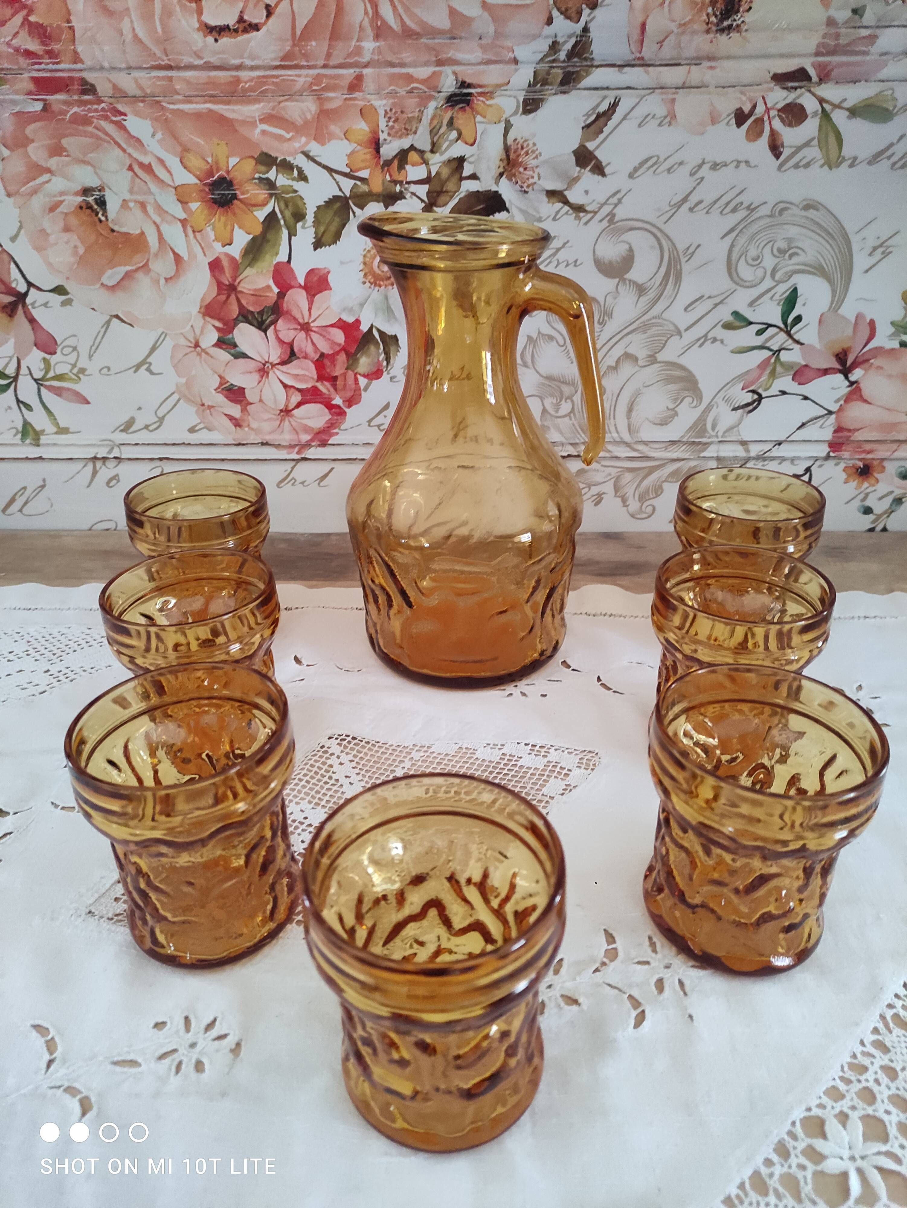 Vintage Italian orangeade or lemonade service 8 pieces 7 people textured amber glass