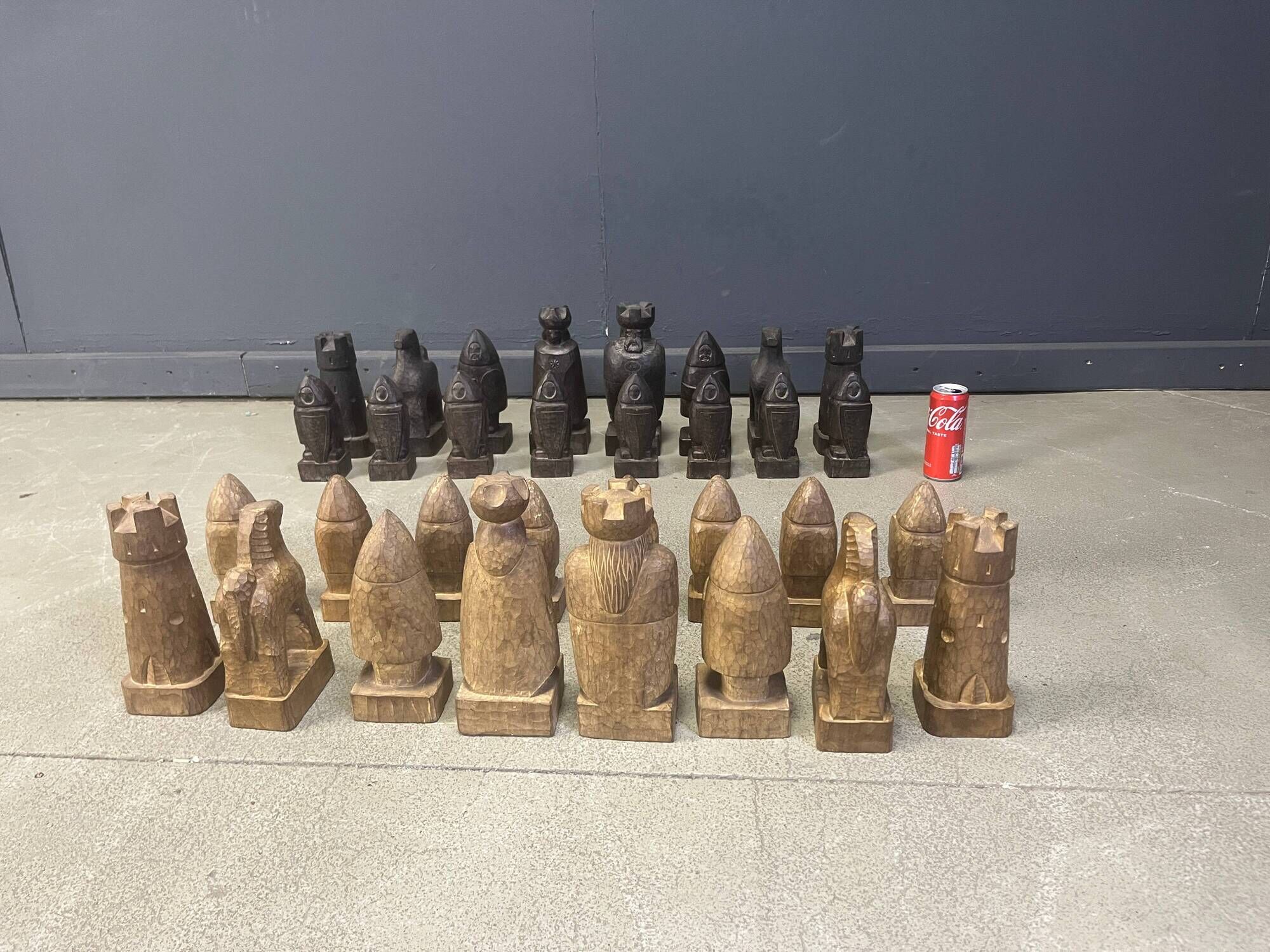 Large hand crafted wooden chess figure set, 1960s