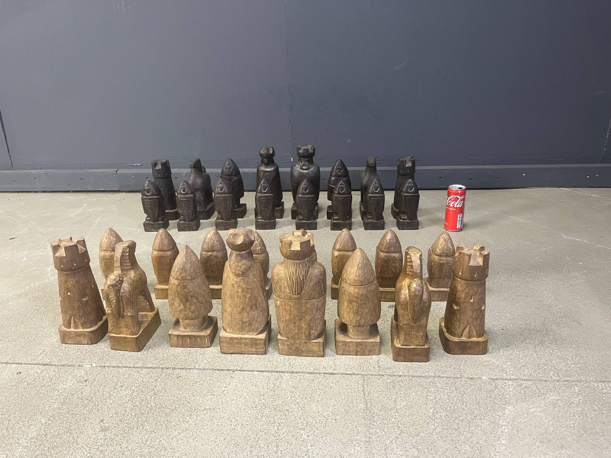 Large hand crafted wooden chess figure set, 1960s