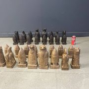 Large hand crafted wooden chess figure set, 1960s