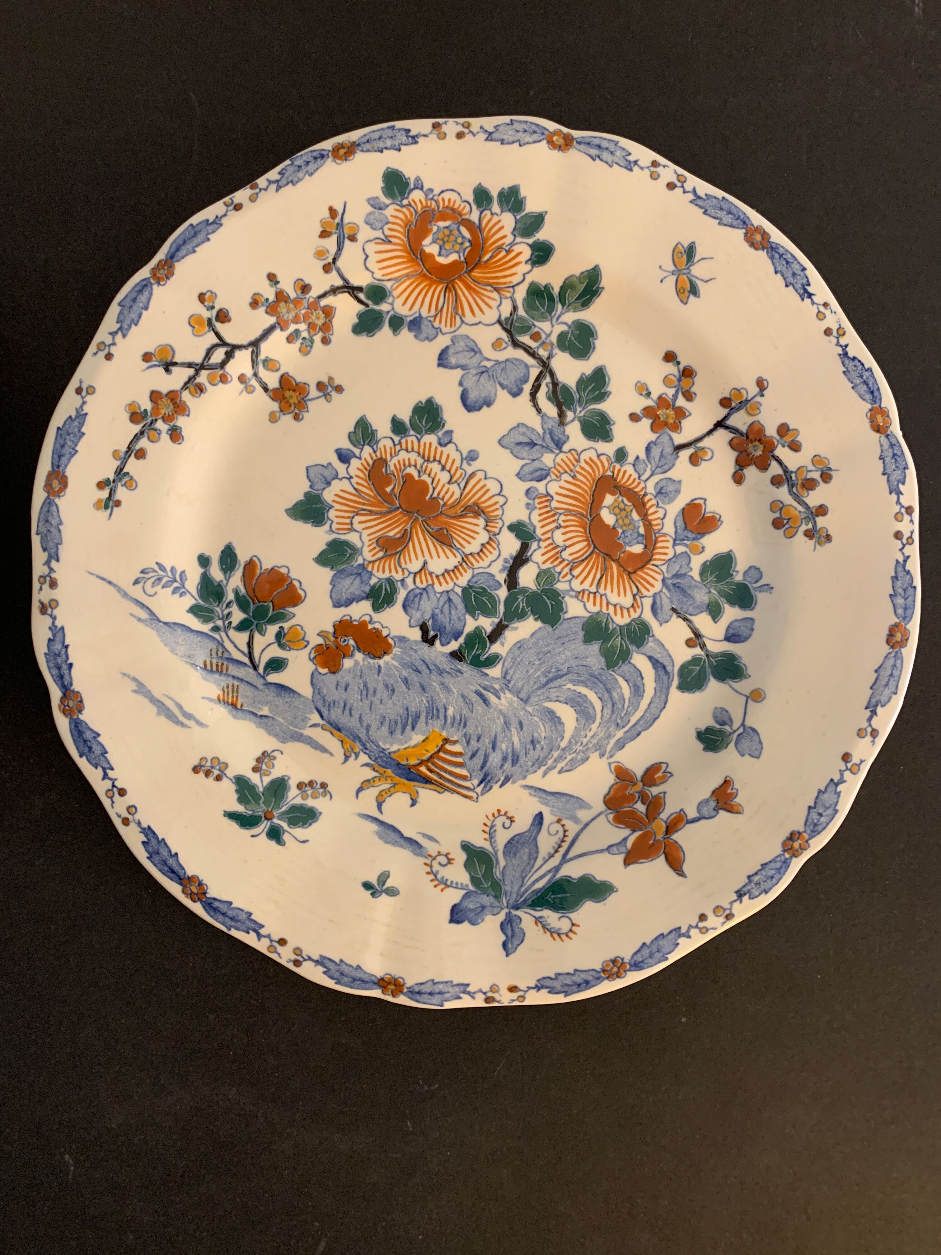 11 flat plates Rooster with Peonies, Gien earthenware