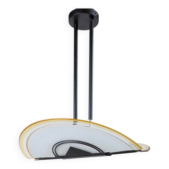 Vintage Murano Glass Ceiling Light in White & Yellow Glass with Black Metal Frame - 1980s Italian Memphis-Style Pendant