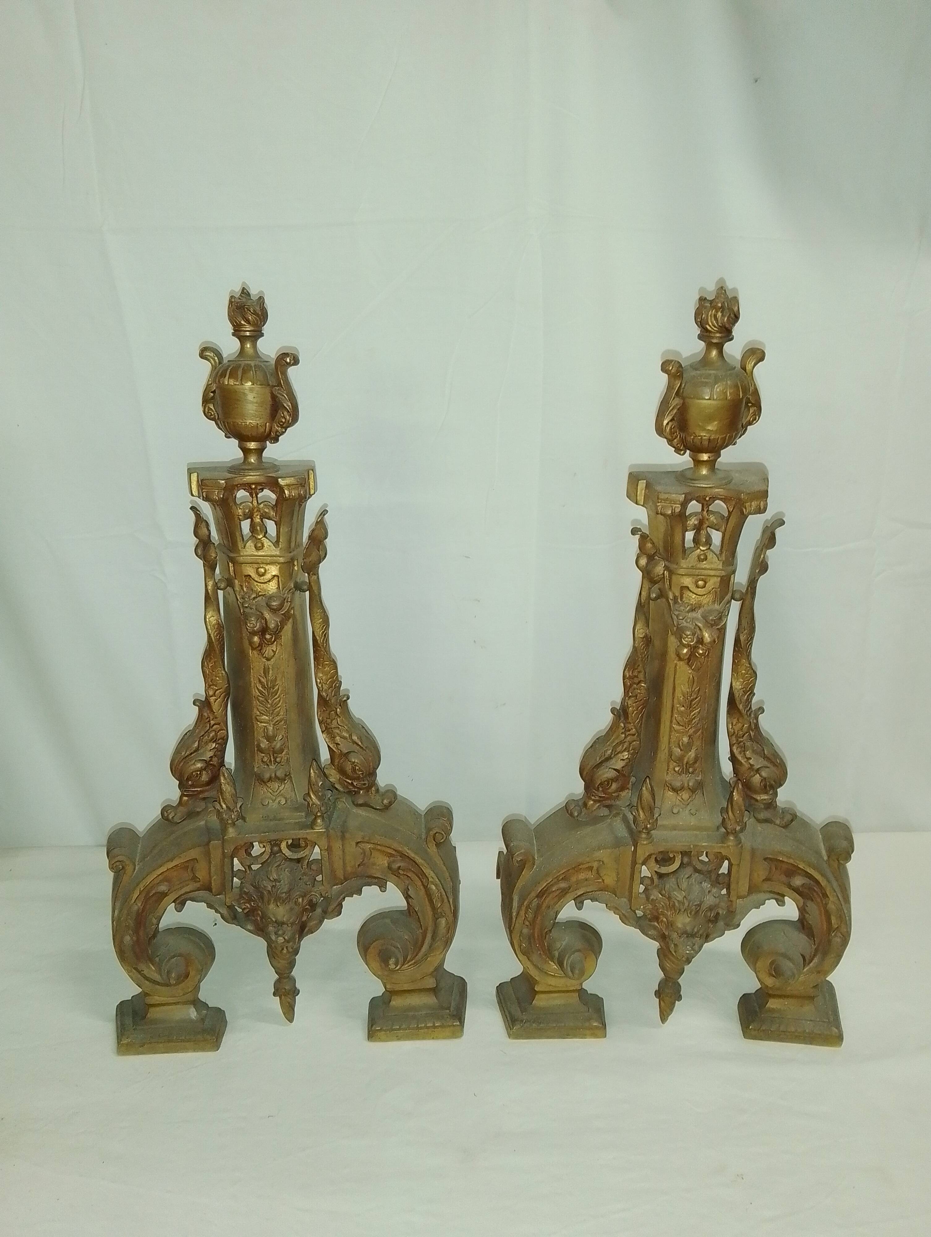 2 Bronze Fireplace Andirons 19th Century