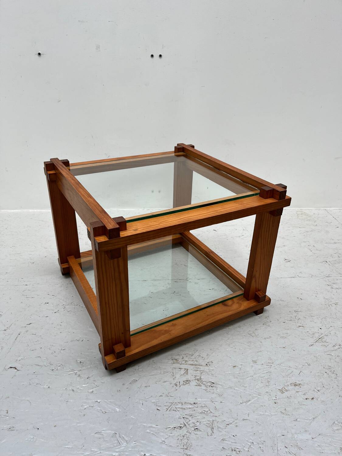 Small glass and pine side table, 1970s