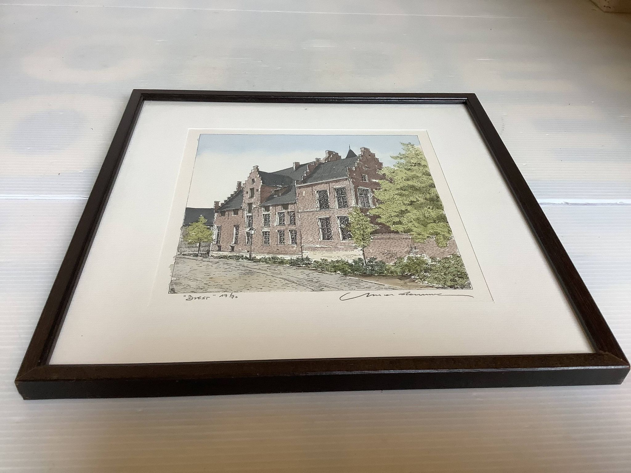 Lithographic print of typical houses, signed and numbered.
