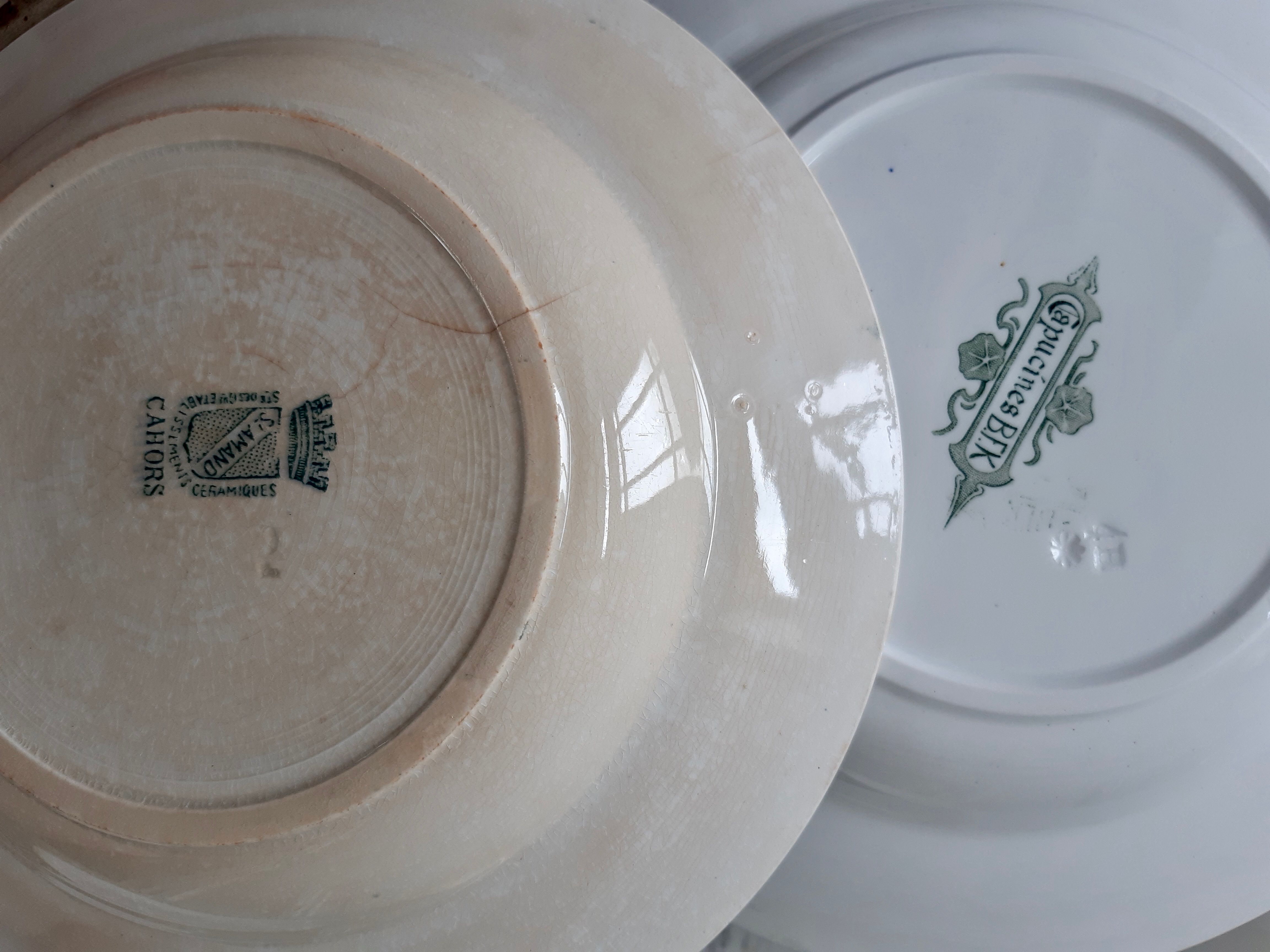 Set of 6 mismatched green hollow plates St Amand, Badonvillier, Salins and Bosch
