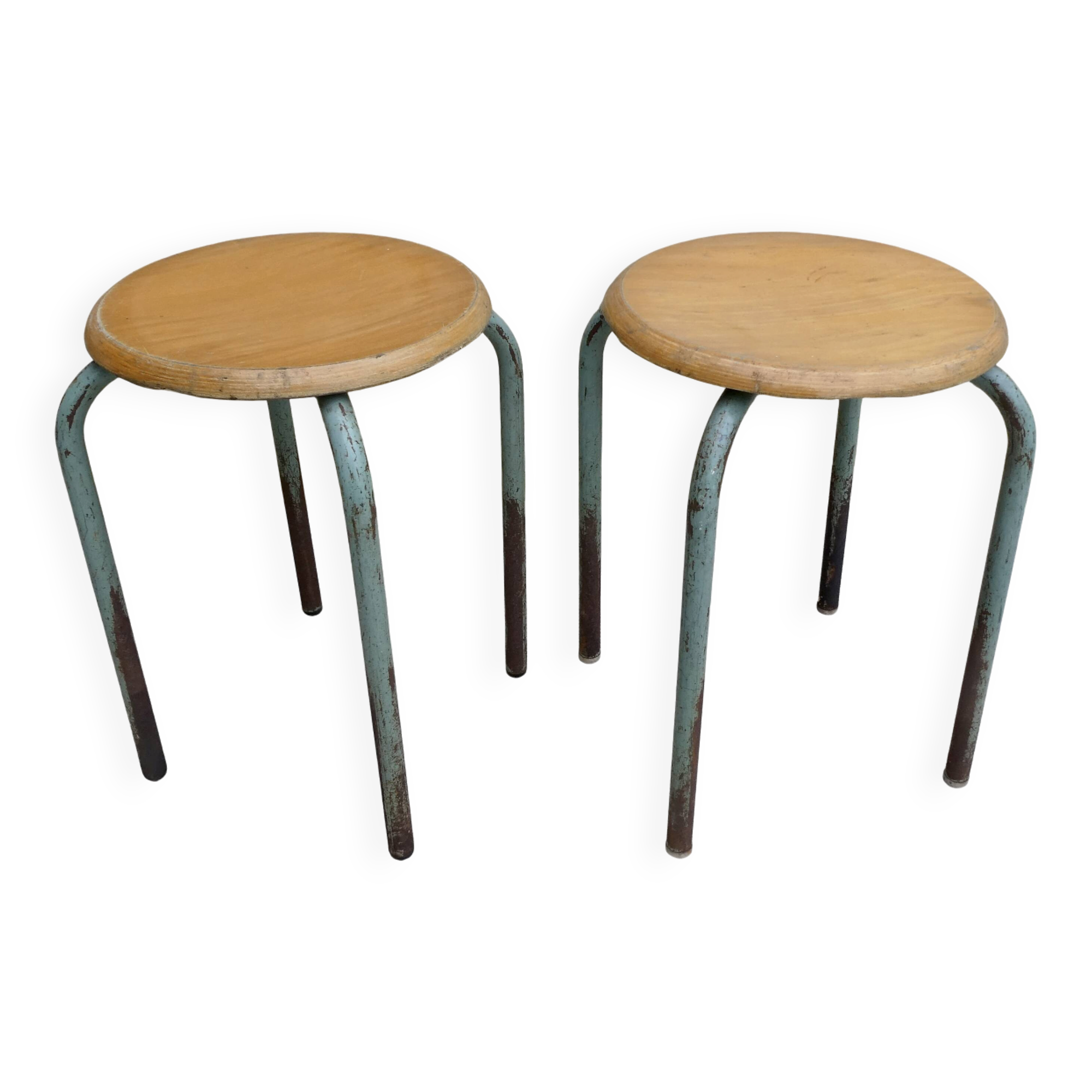 Pair of school stools in wood and metal