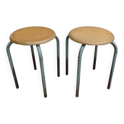 Paire de tabourets d'école en bois et métal