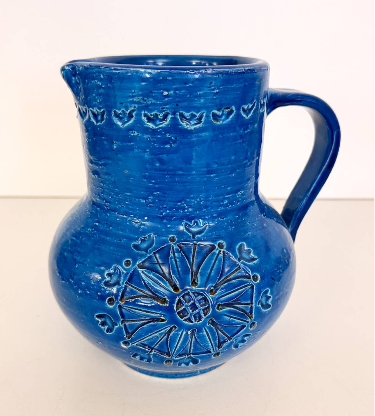 Handmade Rimini Blue Lacquered Ceramic Jug by Aldo Londi for Bitossi, Italy