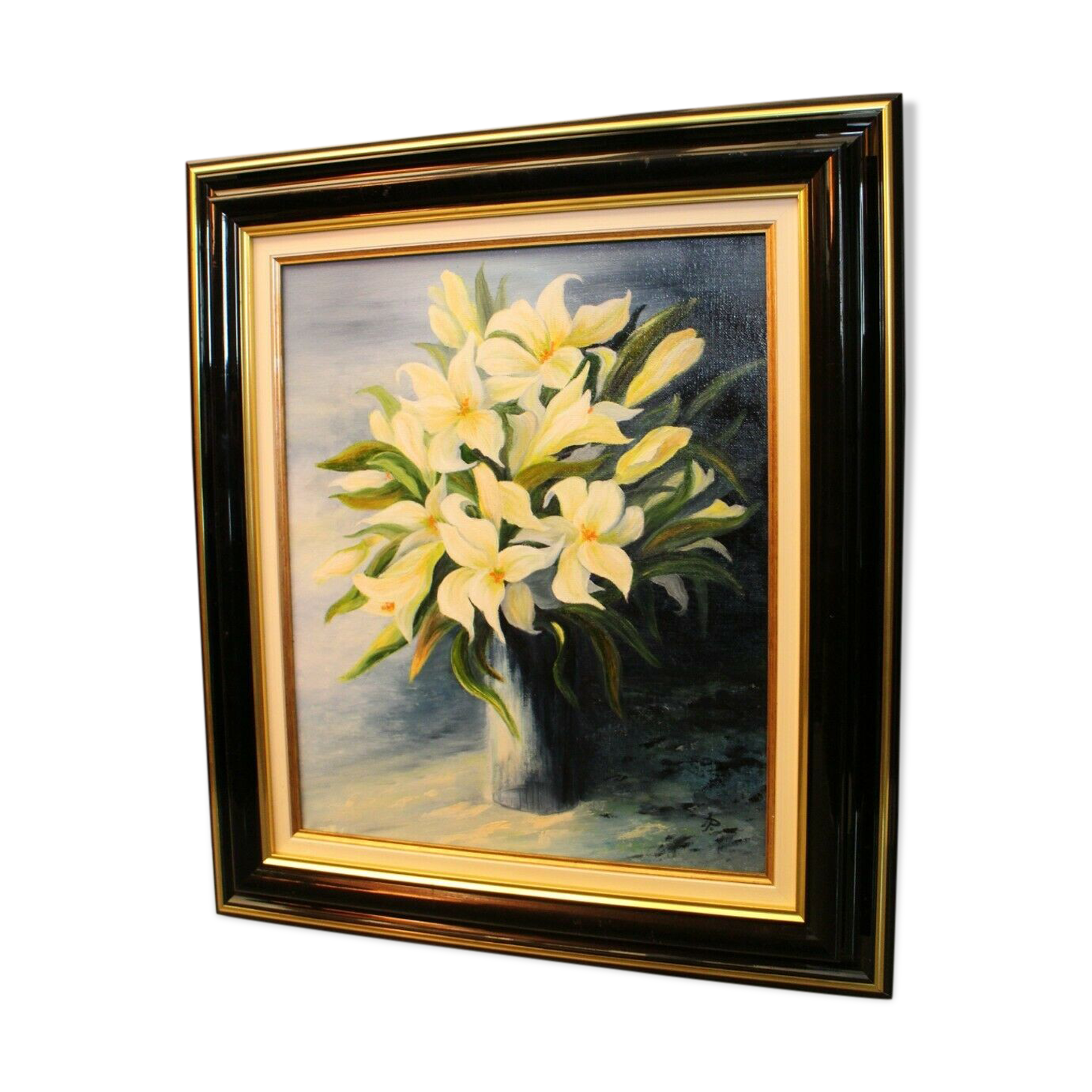 Framed painting by Patrigeon oil on canvas still life with bouquet of lilies