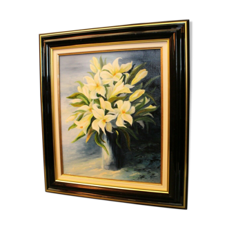 Framed painting by Patrigeon oil on canvas still life with bouquet of lilies
