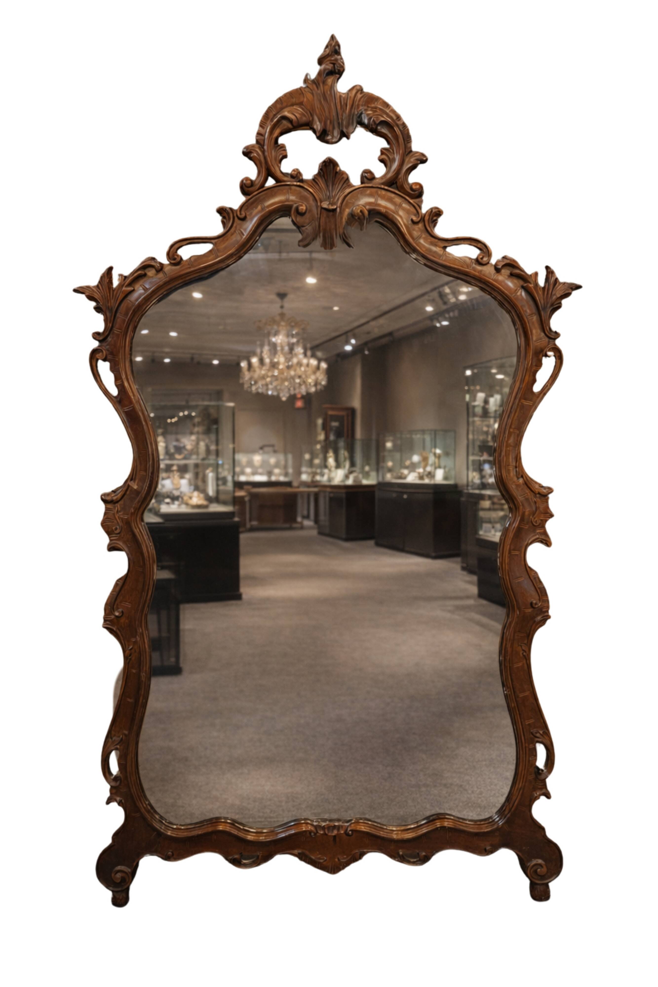 Specchio Antico Originale 1870 In Noce Massello Intagliato Stile Rococò