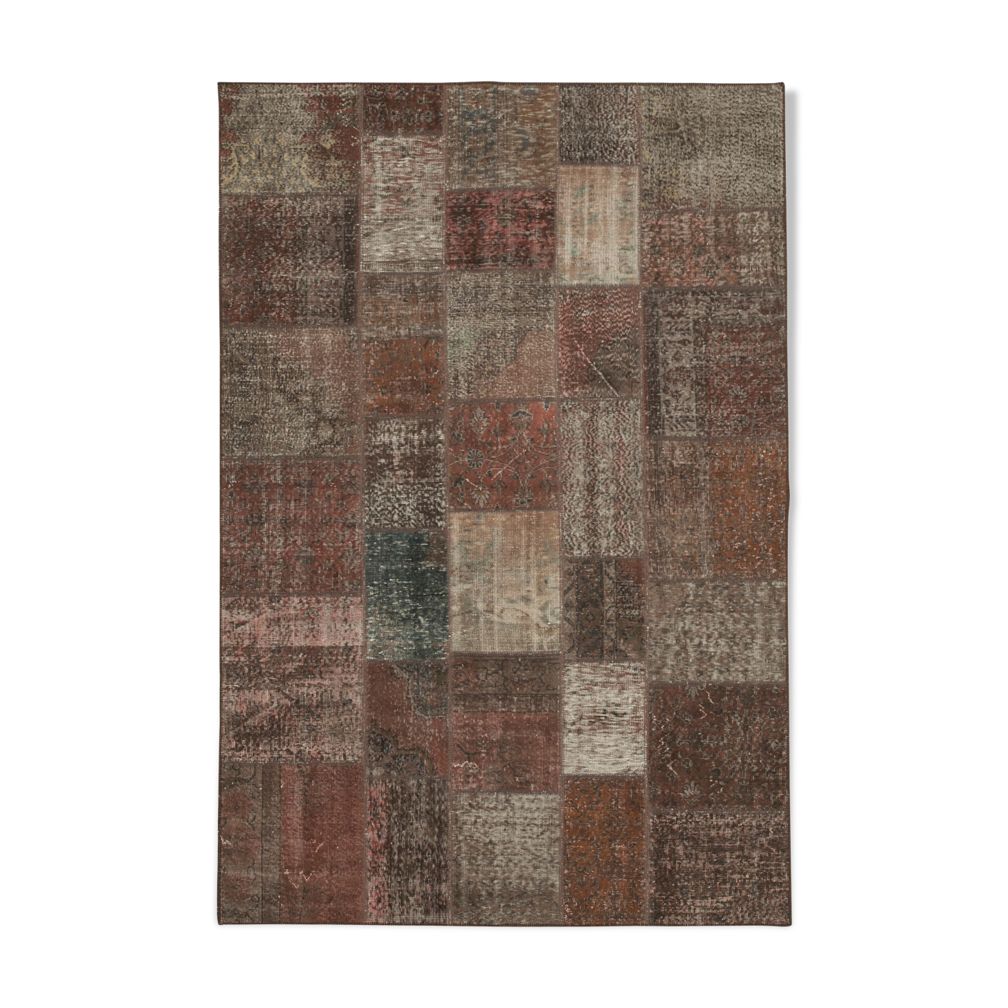 Handwoven oriental overdyed 202 cm x 298 cm brown patchwork carpet