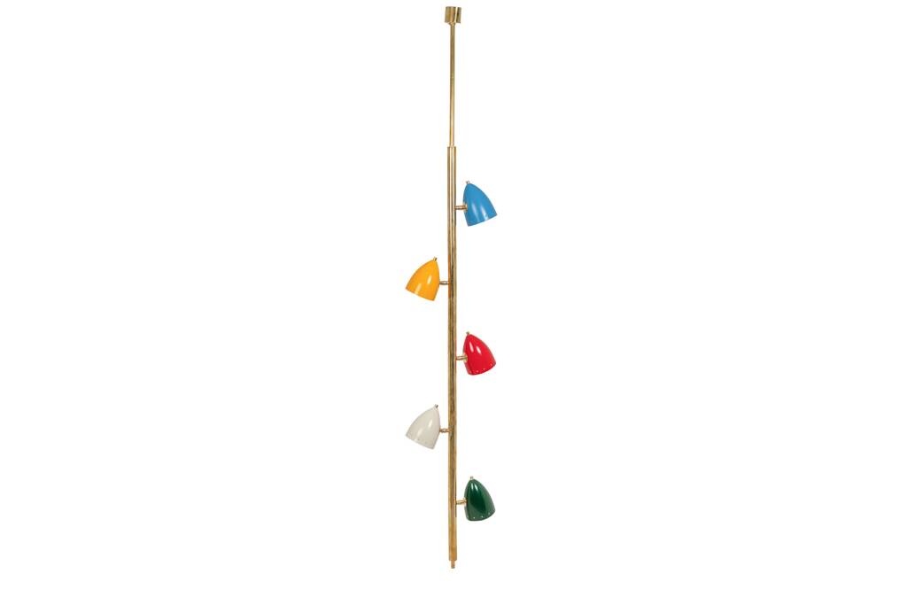 Tubular pendant light in patinated and lacquered brass. Contemporary