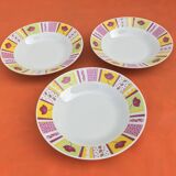 3 deep plates White porcelain Multicolored frieze tulip decor