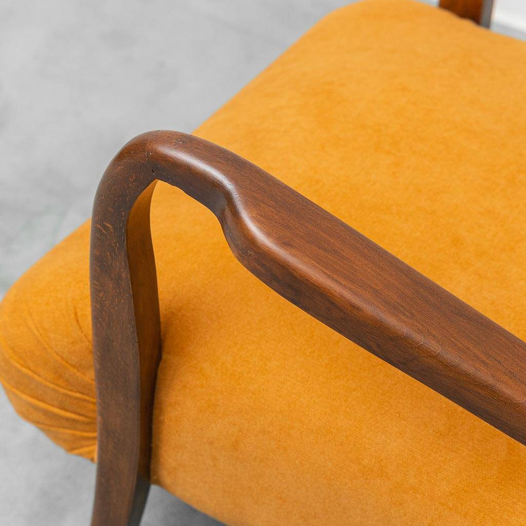 Scandinavian vintage armchair in orange fabric and wood, 1960s modernism