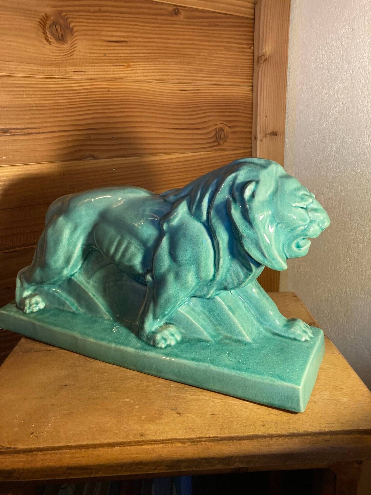 Large Art Deco lion sculpture, in crackled enamel, Peugeot, 1934, Le Jan