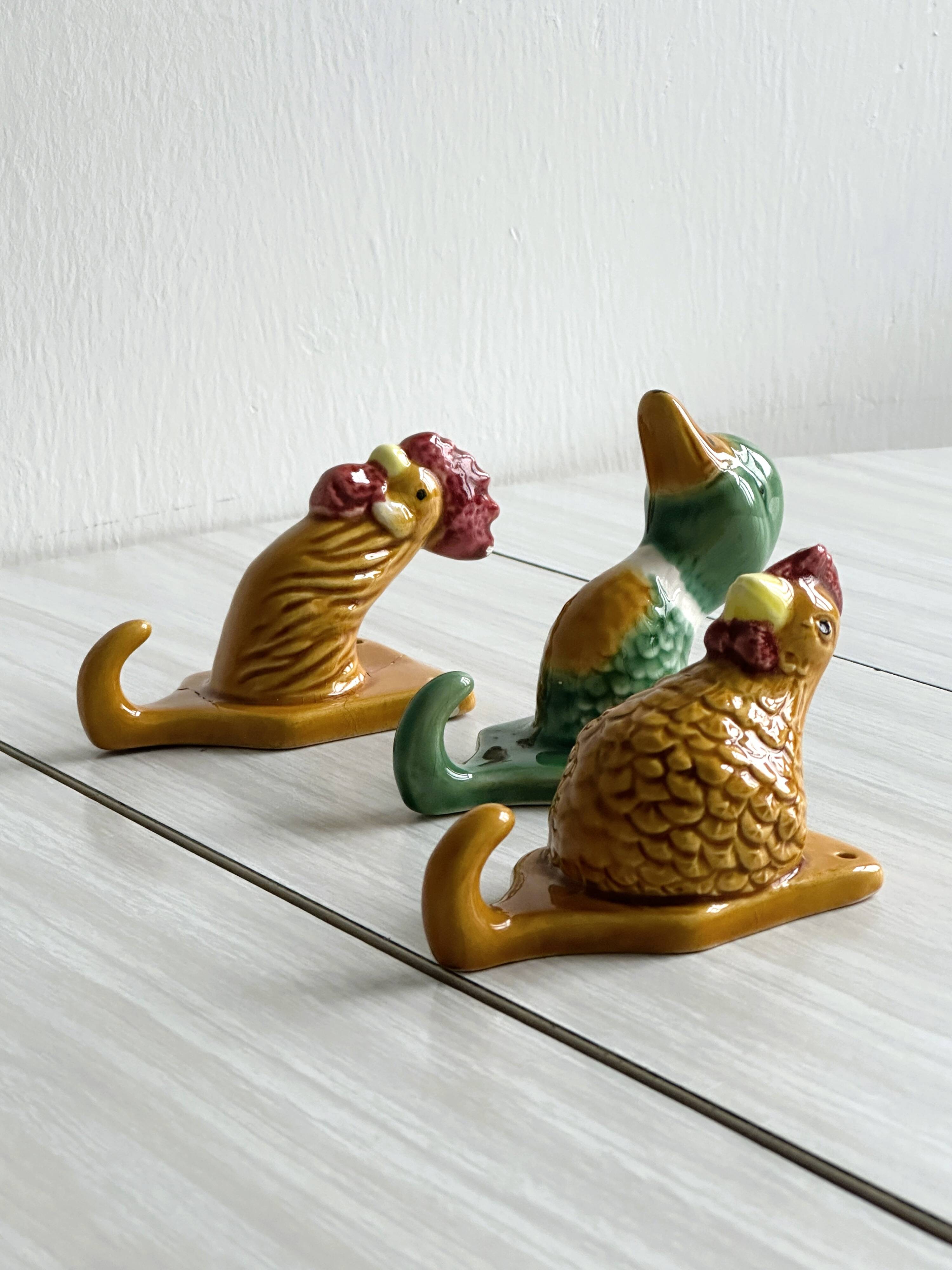 Ceramic slip kitchen towel hooks: Rooster, Hen, Duck.