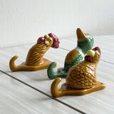 Ceramic slip kitchen towel hooks: Rooster, Hen, Duck.