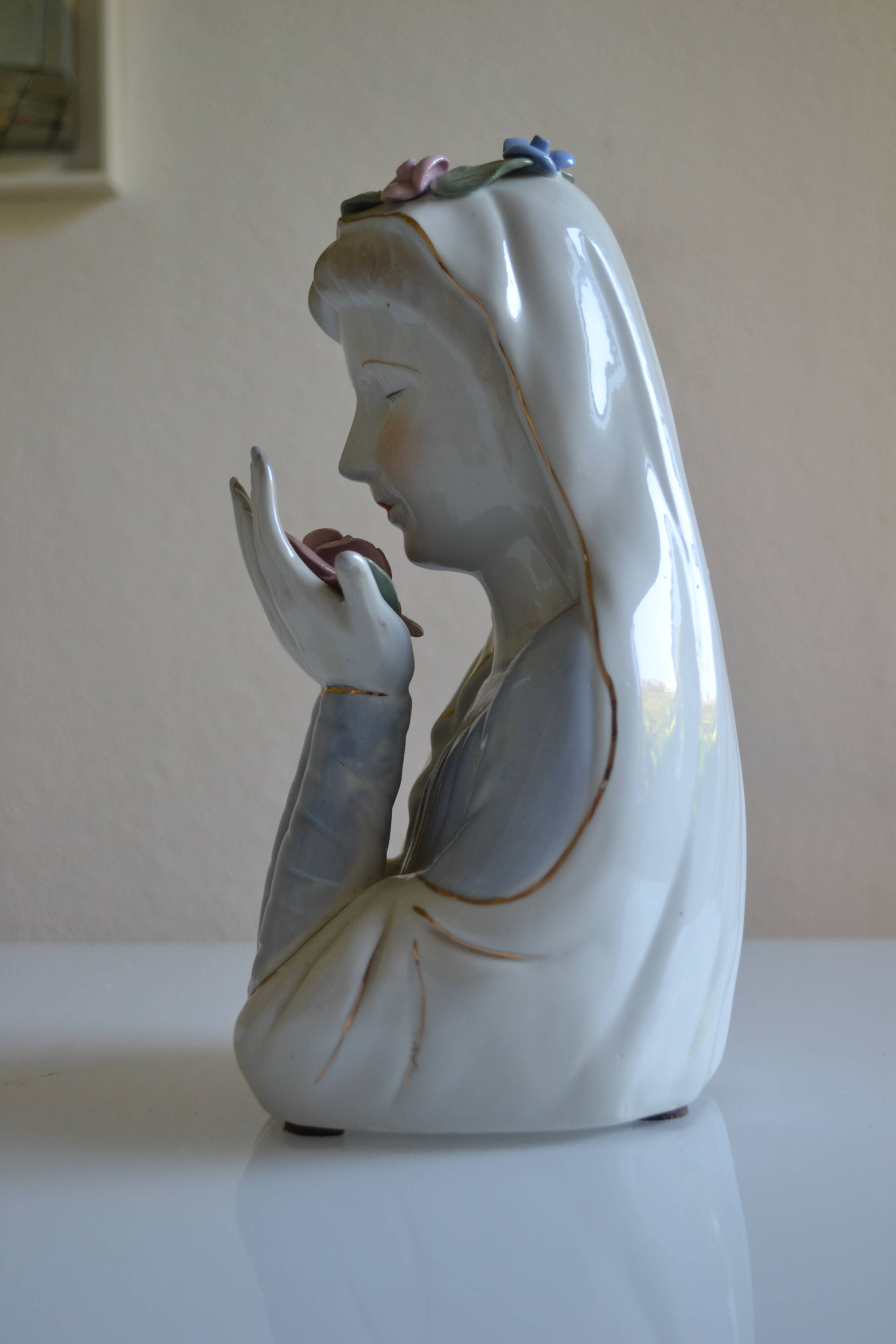 Virgin Mary statue bust in polychrome porcelain Virgin with crown of roses
