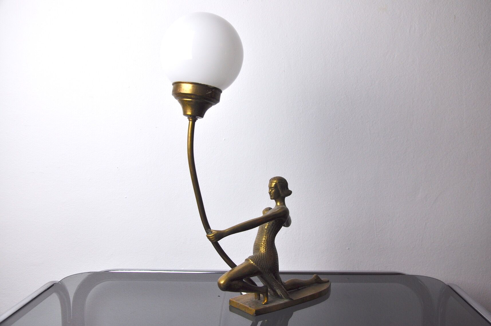 "Woman with the Bow" lamp, Laiton and Opaline, France, midcentury
